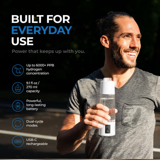 A smiling man in a gray t-shirt holds a HDRO Bottle 4.0. The image features marketing text on the left reading 'BUILT FOR EVERYDAY USE' with feature icons below.