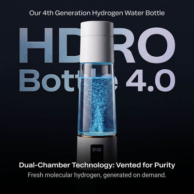 A hydrogen water bottle labeled 'HDRO Bottle 4.0' centered on a dark background, with large promotional text above and below.