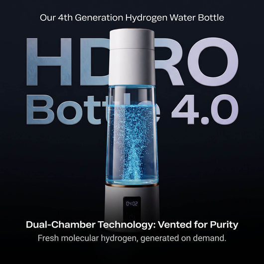A hydrogen water bottle labeled 'HDRO Bottle 4.0' centered on a dark background, with large promotional text above and below.