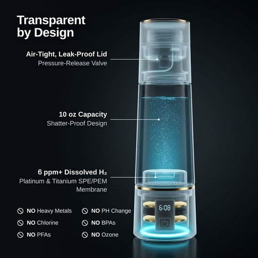 A transparent HDRO Bottle 4.0, glowing blue interior lighting, and a digital timer on the base, shown on a dark background with callout text describing features like leak-proof lid, 10 oz capacity, and 6 ppm dissolved H2 membrane.